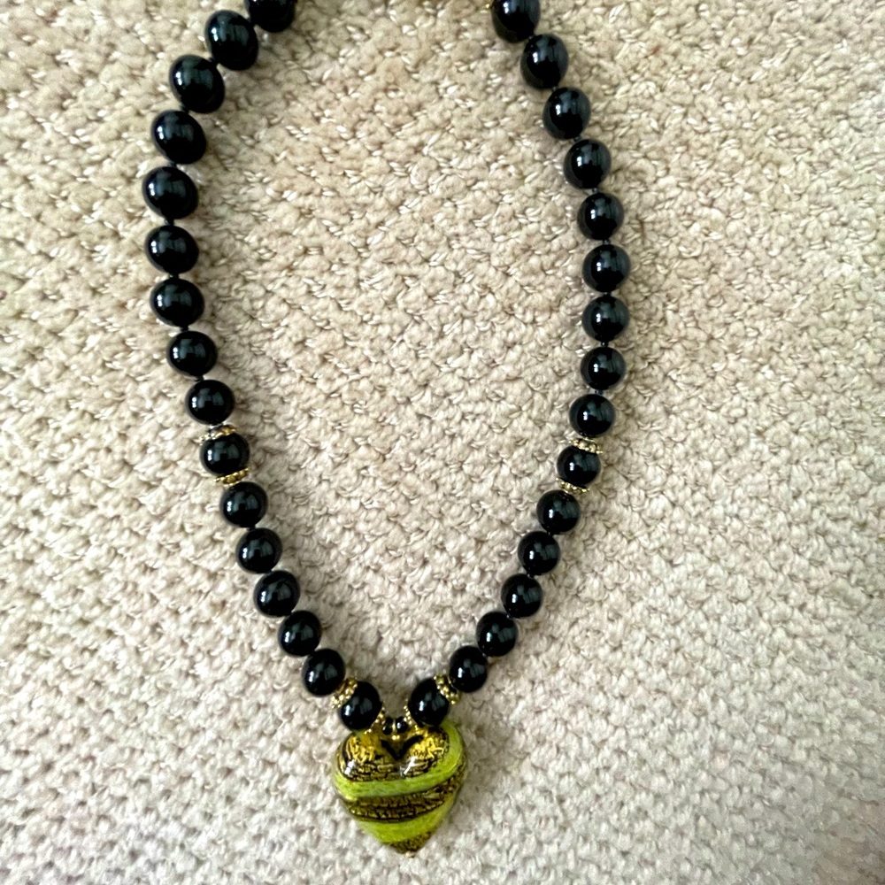 Black onyx NL w/ Venetian glass heart, about 19” long
